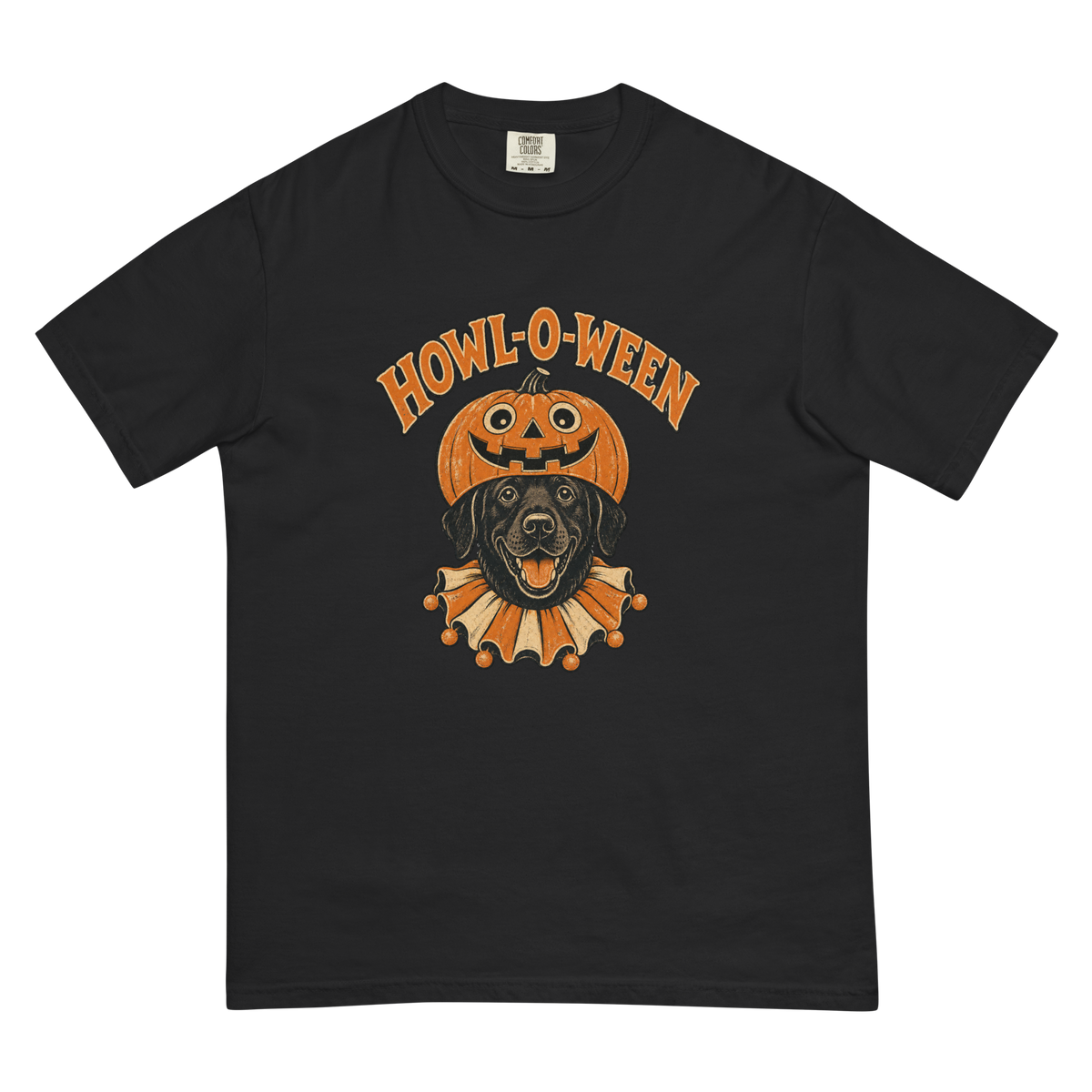 Howl-o-Ween Black Lab T-Shirt in Black, front view (alternate mockup), black Lab in a jack-o'-lantern Halloween graphic