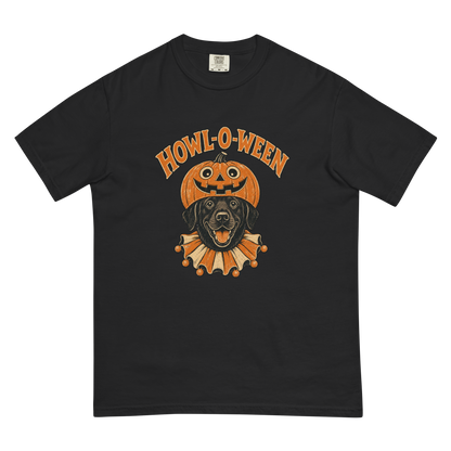 Howl-o-Ween Black Lab T-Shirt in Black, front view (alternate mockup), black Lab in a jack-o'-lantern Halloween graphic