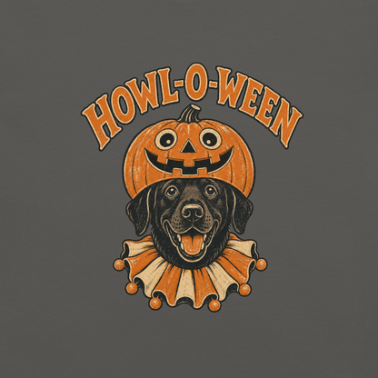 Howl-o-Ween Black Lab T-Shirt in Pepper, front view, black Lab in a jack-o'-lantern Halloween graphic