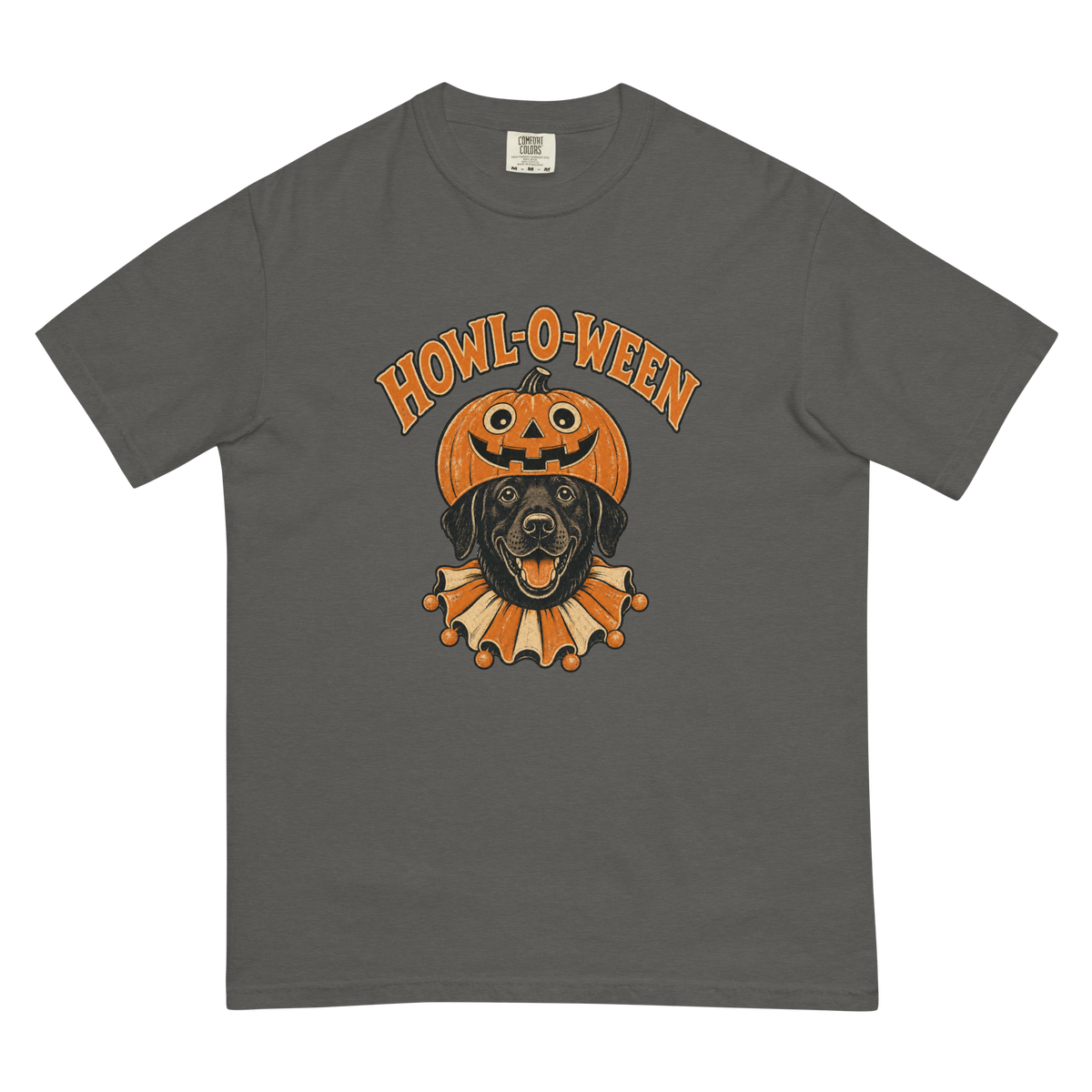 Howl-o-Ween Black Lab T-Shirt in Pepper, front view (alternate mockup), black Lab in a jack-o'-lantern Halloween graphic