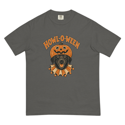 Howl-o-Ween Black Lab T-Shirt in Pepper, front view (alternate mockup), black Lab in a jack-o'-lantern Halloween graphic