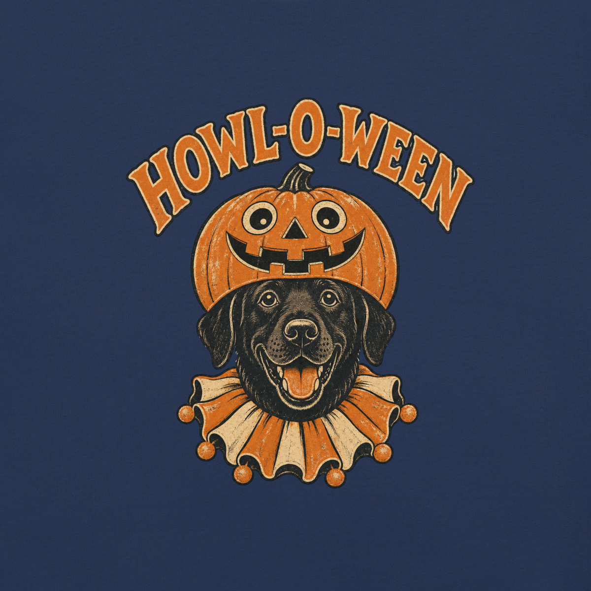 Howl-o-Ween Black Lab T-Shirt in True Navy, front view, black Lab in a jack-o'-lantern Halloween graphic