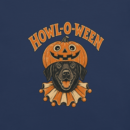 Howl-o-Ween Black Lab T-Shirt in True Navy, front view, black Lab in a jack-o'-lantern Halloween graphic