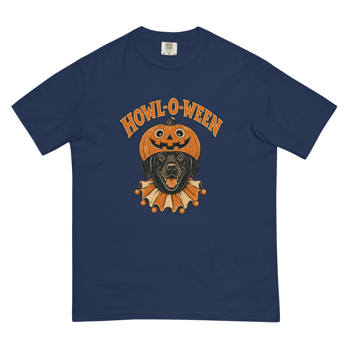 Howl-o-Ween Black Lab T-Shirt in True Navy, front view (alternate mockup), black Lab in a jack-o'-lantern Halloween graphic