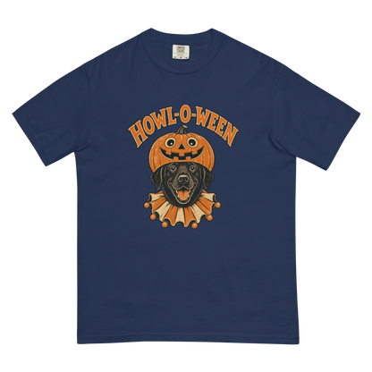 Howl-o-Ween Black Lab T-Shirt in True Navy, front view (alternate mockup), black Lab in a jack-o'-lantern Halloween graphic
