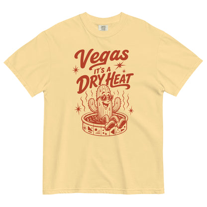 It's A Dry Heat T-Shirt in Butter, front view, cactus in a kiddie pool Las Vegas heat graphic