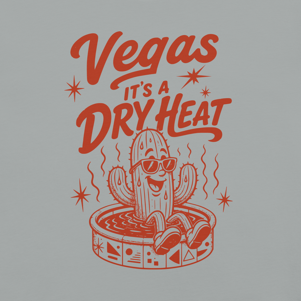 It's A Dry Heat T-Shirt in Granite, front view (alternate mockup), cactus in a kiddie pool Las Vegas heat graphic
