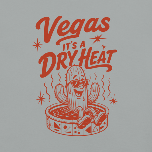 It's A Dry Heat T-Shirt in Granite, front view (alternate mockup), cactus in a kiddie pool Las Vegas heat graphic