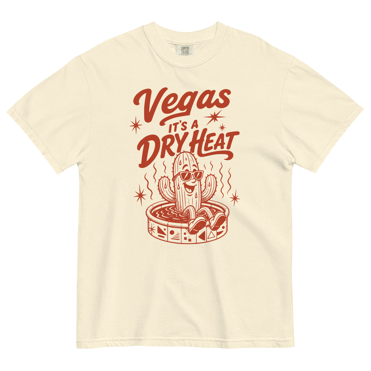 It's A Dry Heat T-Shirt in Ivory, front view, cactus in a kiddie pool Las Vegas heat graphic
