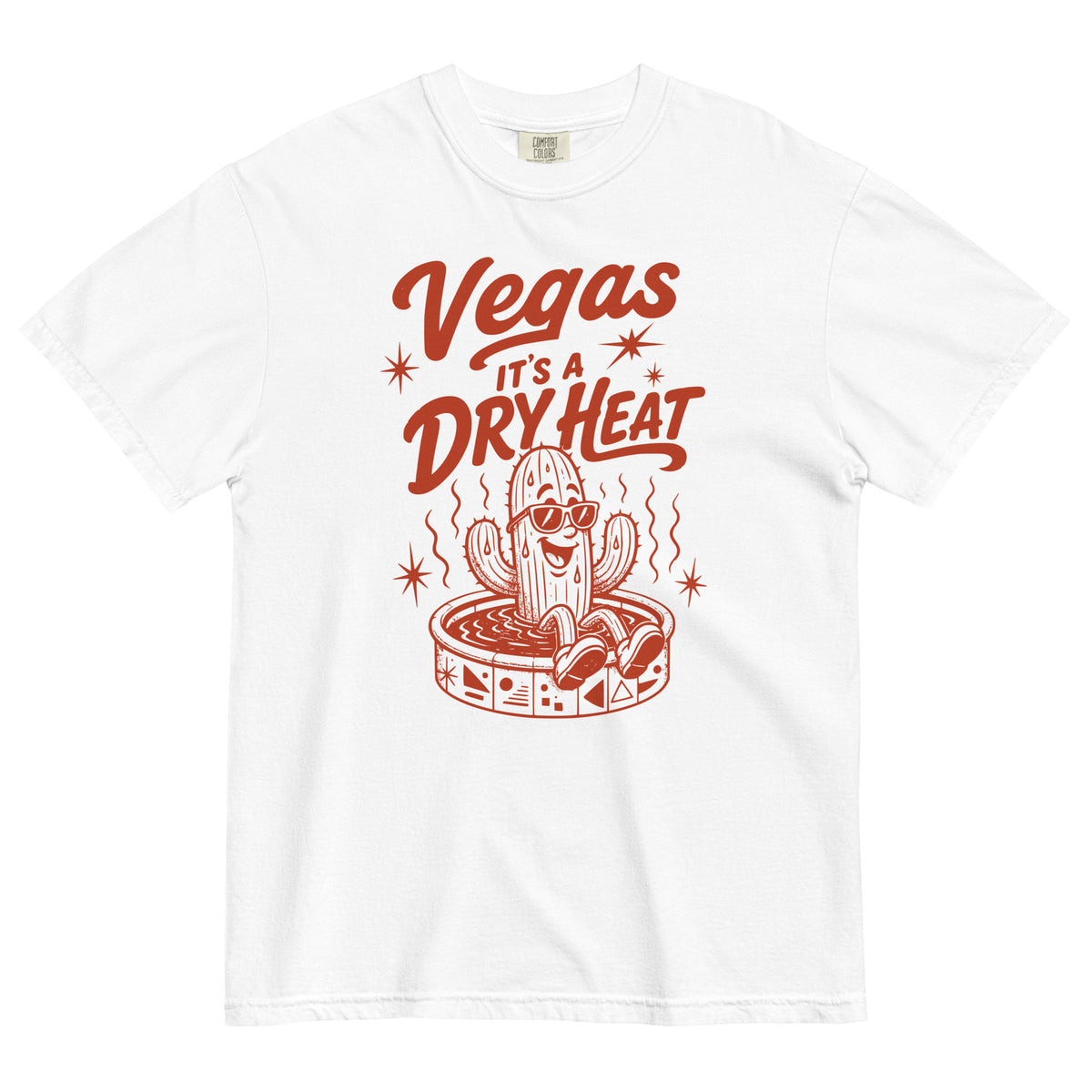 It's A Dry Heat T-Shirt in White, front view, cactus in a kiddie pool Las Vegas heat graphic