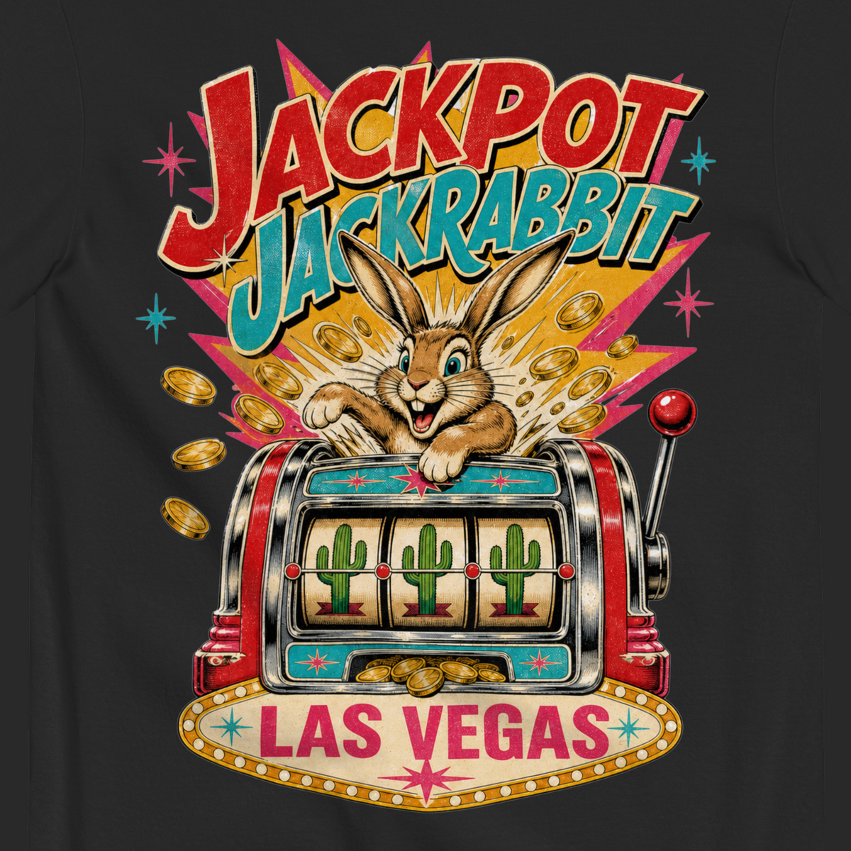 Jackpot Jackrabbit T-Shirt in Black, close-up of the back print, jackrabbit and slot machine graphic
