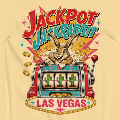 Jackpot Jackrabbit T-Shirt in Butter, close-up of the back print, jackrabbit and slot machine graphic