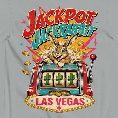 Jackpot Jackrabbit T-Shirt in Granite, close-up of the back print, jackrabbit and slot machine graphic