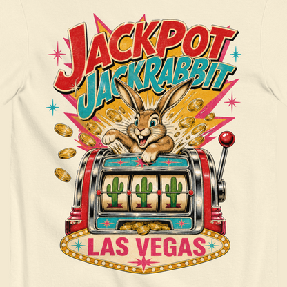 Jackpot Jackrabbit T-Shirt in Ivory, close-up of the back print, jackrabbit and slot machine graphic