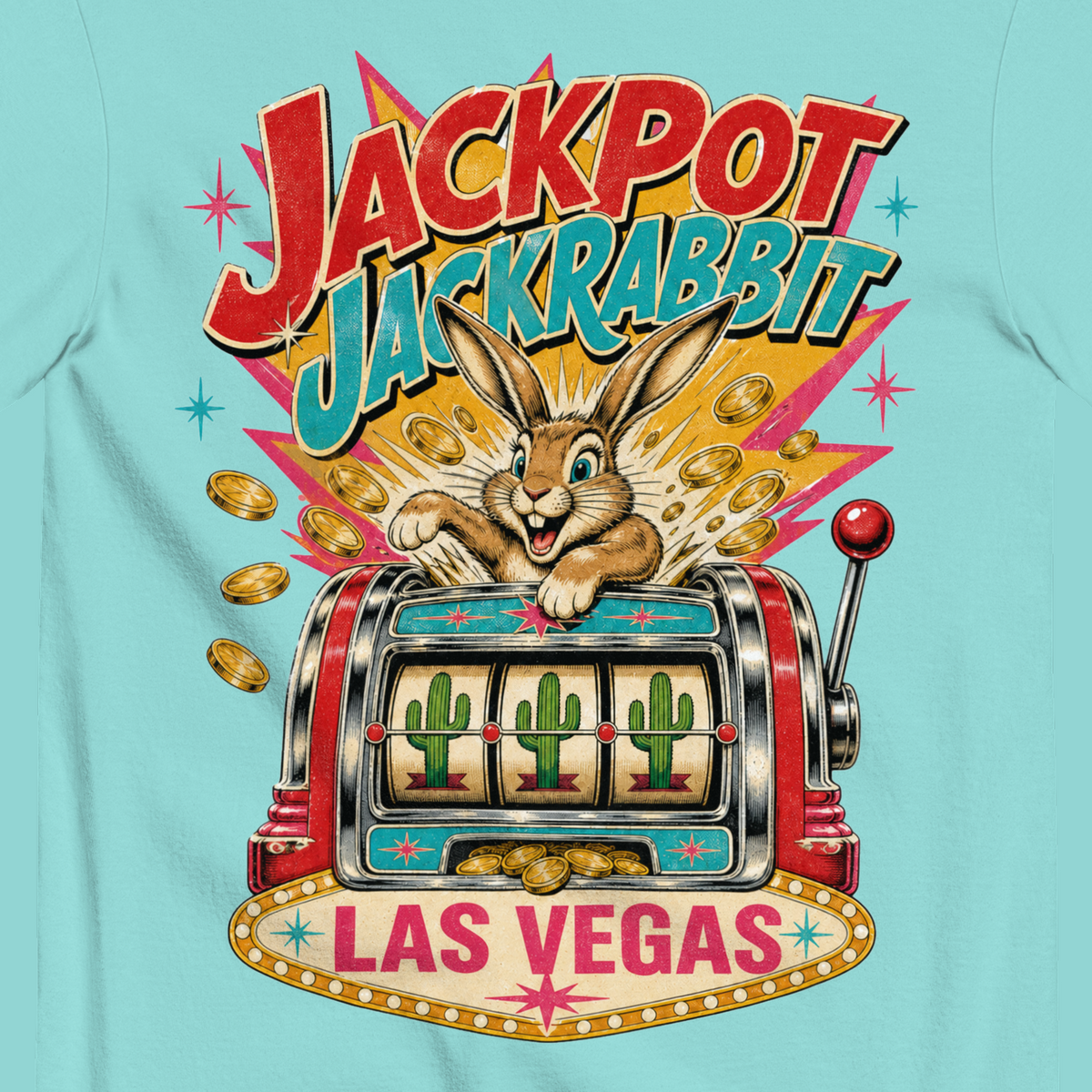 Jackpot Jackrabbit T-Shirt in Lagoon Blue, close-up of the back print, jackrabbit and slot machine graphic