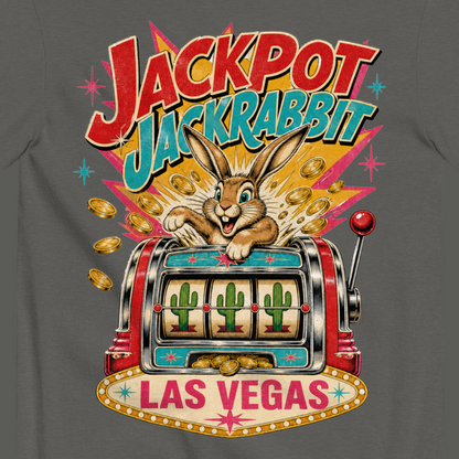 Jackpot Jackrabbit T-Shirt in Pepper, close-up of the back print, jackrabbit and slot machine graphic