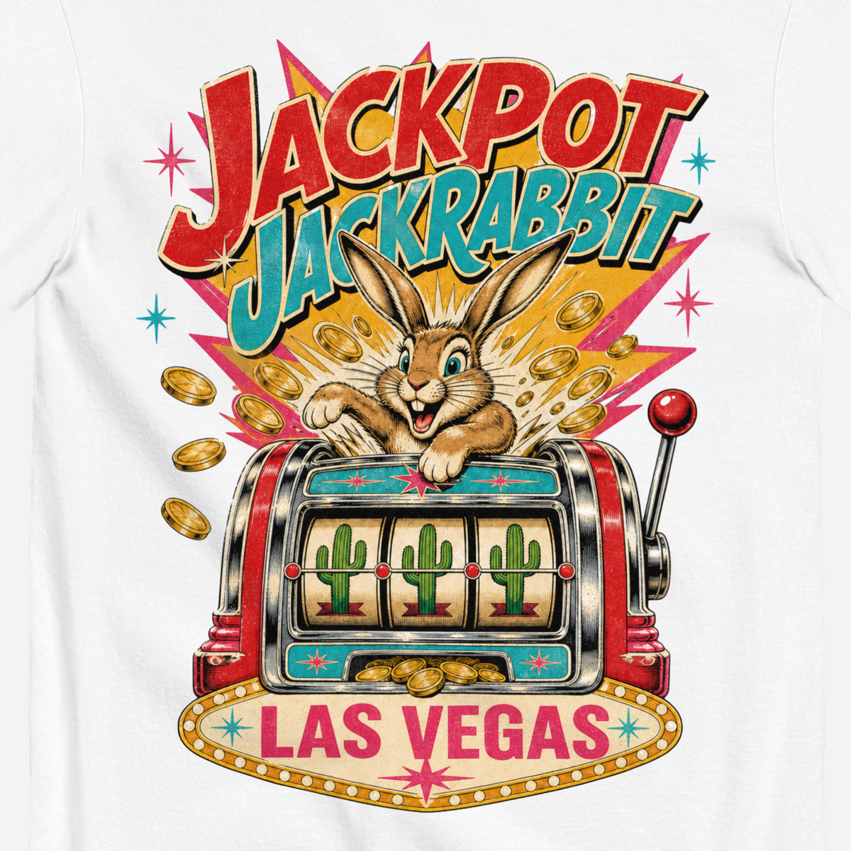 Jackpot Jackrabbit T-Shirt in White, close-up of the back print, jackrabbit and slot machine graphic