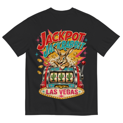 Jackpot Jackrabbit T-Shirt in Black, back print, jackrabbit bursting from a vintage slot machine with cactus reels