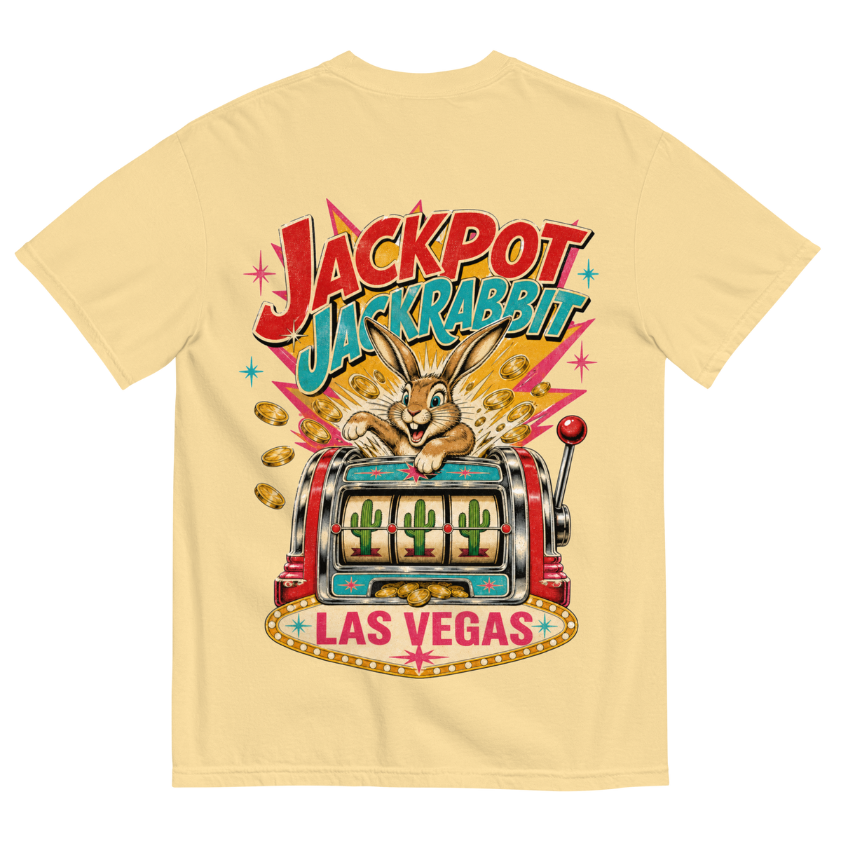Jackpot Jackrabbit T-Shirt in Butter, back print, jackrabbit bursting from a vintage slot machine with cactus reels