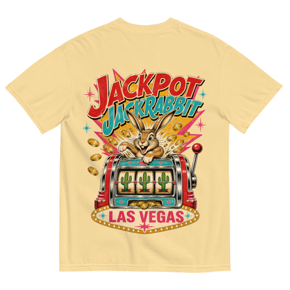 Jackpot Jackrabbit T-Shirt in Butter, back print, jackrabbit bursting from a vintage slot machine with cactus reels
