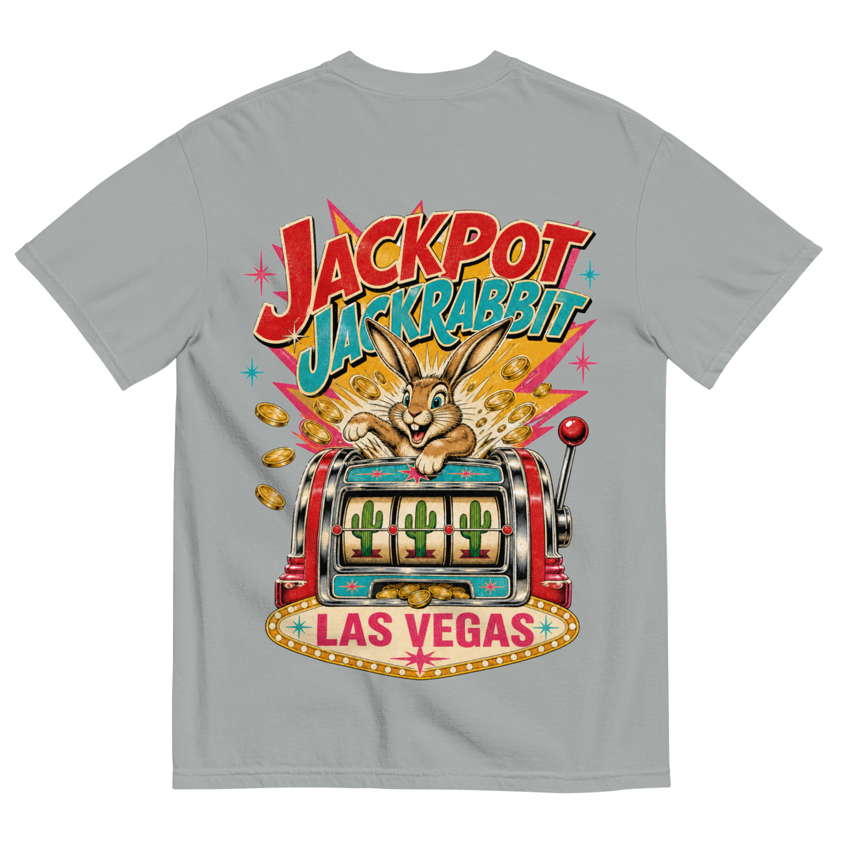 Jackpot Jackrabbit T-Shirt in Granite, back print, jackrabbit bursting from a vintage slot machine with cactus reels
