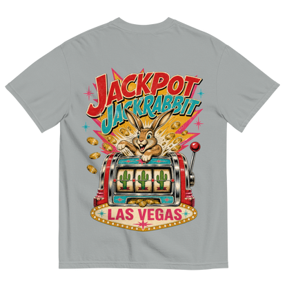 Jackpot Jackrabbit T-Shirt in Granite, back print, jackrabbit bursting from a vintage slot machine with cactus reels