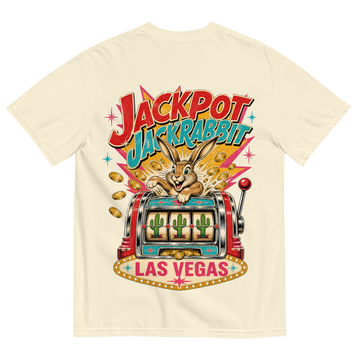 Jackpot Jackrabbit T-Shirt in Ivory, back print, jackrabbit bursting from a vintage slot machine with cactus reels