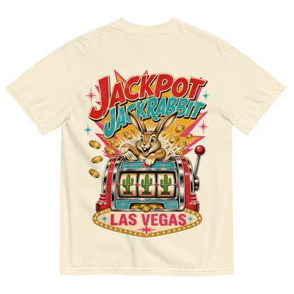 Jackpot Jackrabbit T-Shirt in Ivory, back print, jackrabbit bursting from a vintage slot machine with cactus reels