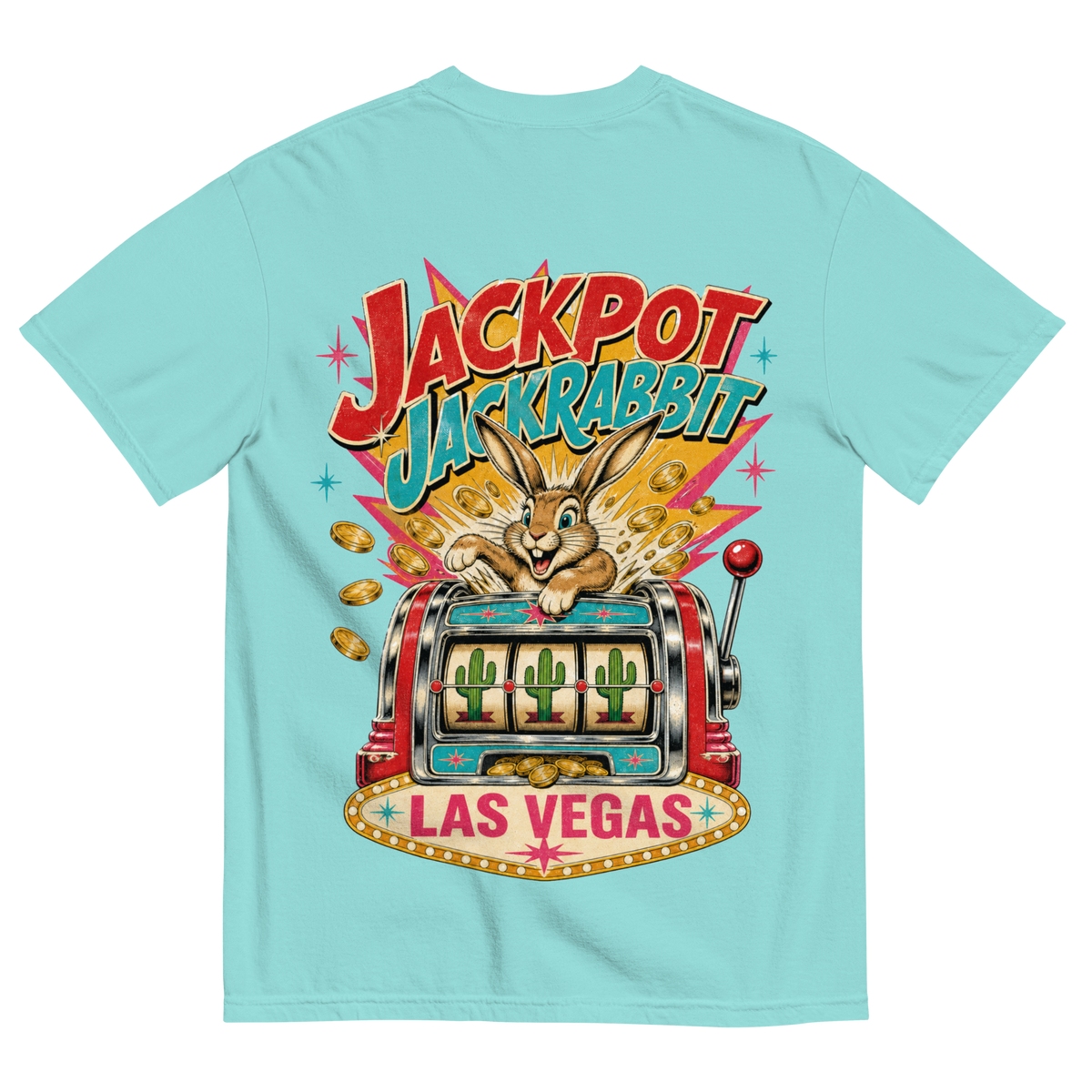 Jackpot Jackrabbit T-Shirt in Lagoon Blue, back print, jackrabbit bursting from a vintage slot machine with cactus reels