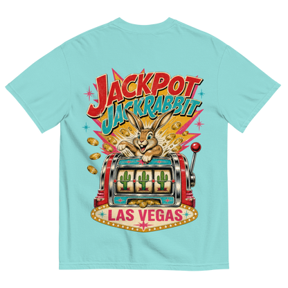 Jackpot Jackrabbit T-Shirt in Lagoon Blue, back print, jackrabbit bursting from a vintage slot machine with cactus reels