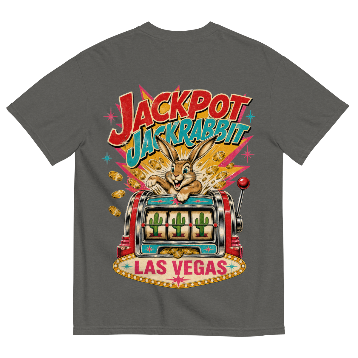 Jackpot Jackrabbit T-Shirt in Pepper, back print, jackrabbit bursting from a vintage slot machine with cactus reels