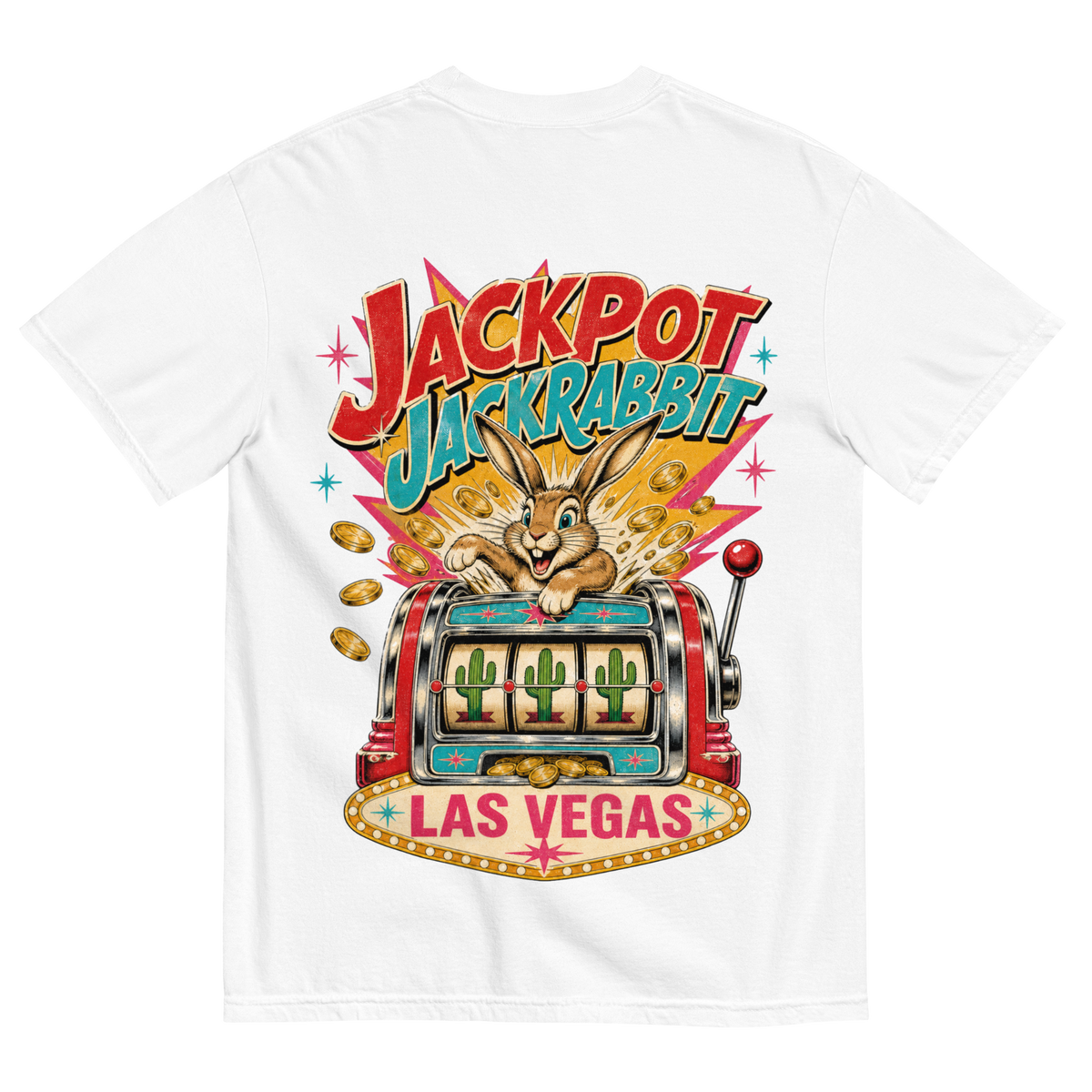 Jackpot Jackrabbit T-Shirt in White, back print, jackrabbit bursting from a vintage slot machine with cactus reels