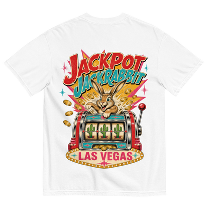 Jackpot Jackrabbit T-Shirt in White, back print, jackrabbit bursting from a vintage slot machine with cactus reels