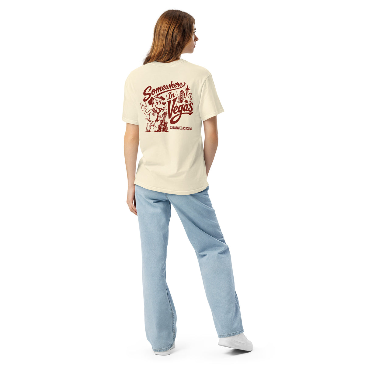 Somewhere In Vegas Lucky Brand T-Shirt in Ivory, back print, Lucky the dog Somewhere In Vegas logo