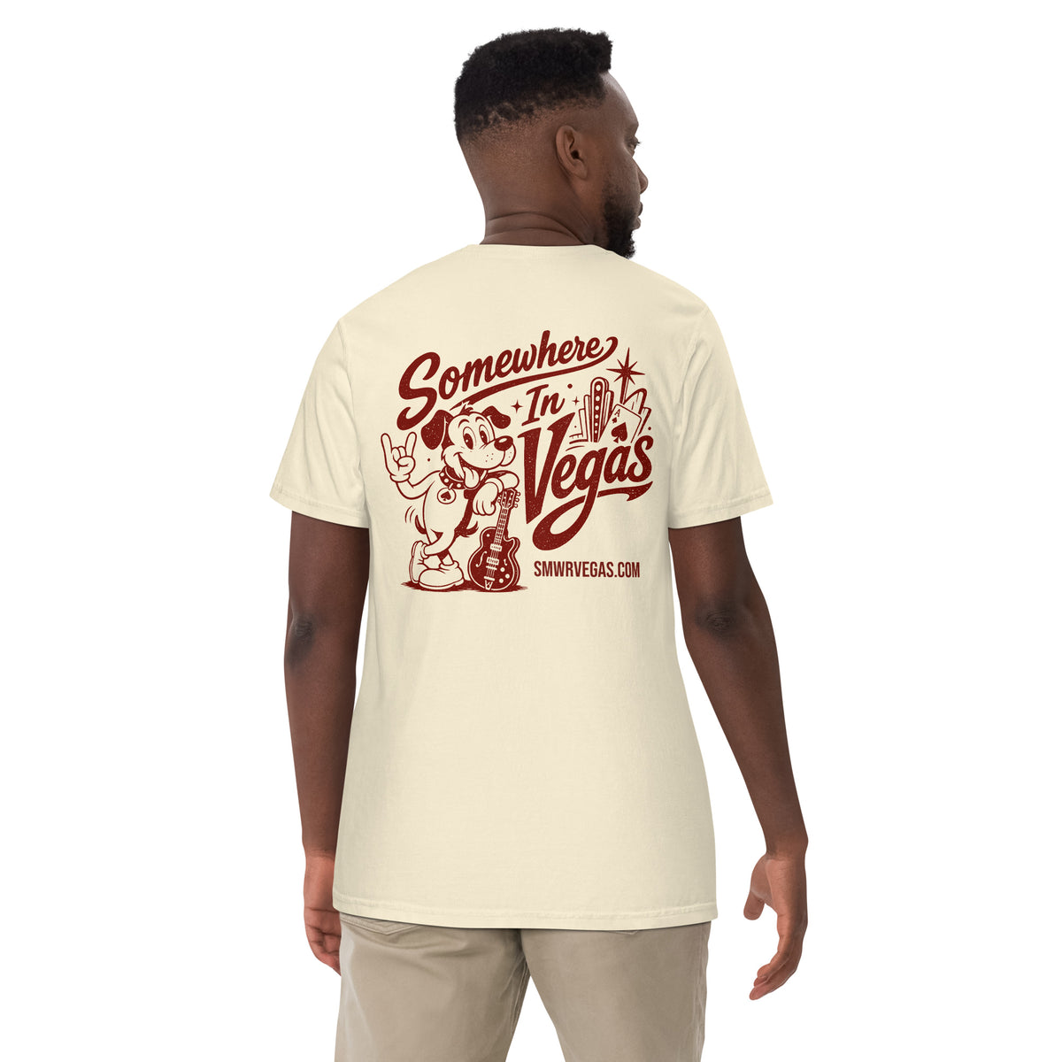 Somewhere In Vegas Lucky Brand T-Shirt in Ivory, back print (alternate mockup), Lucky the dog Somewhere In Vegas logo