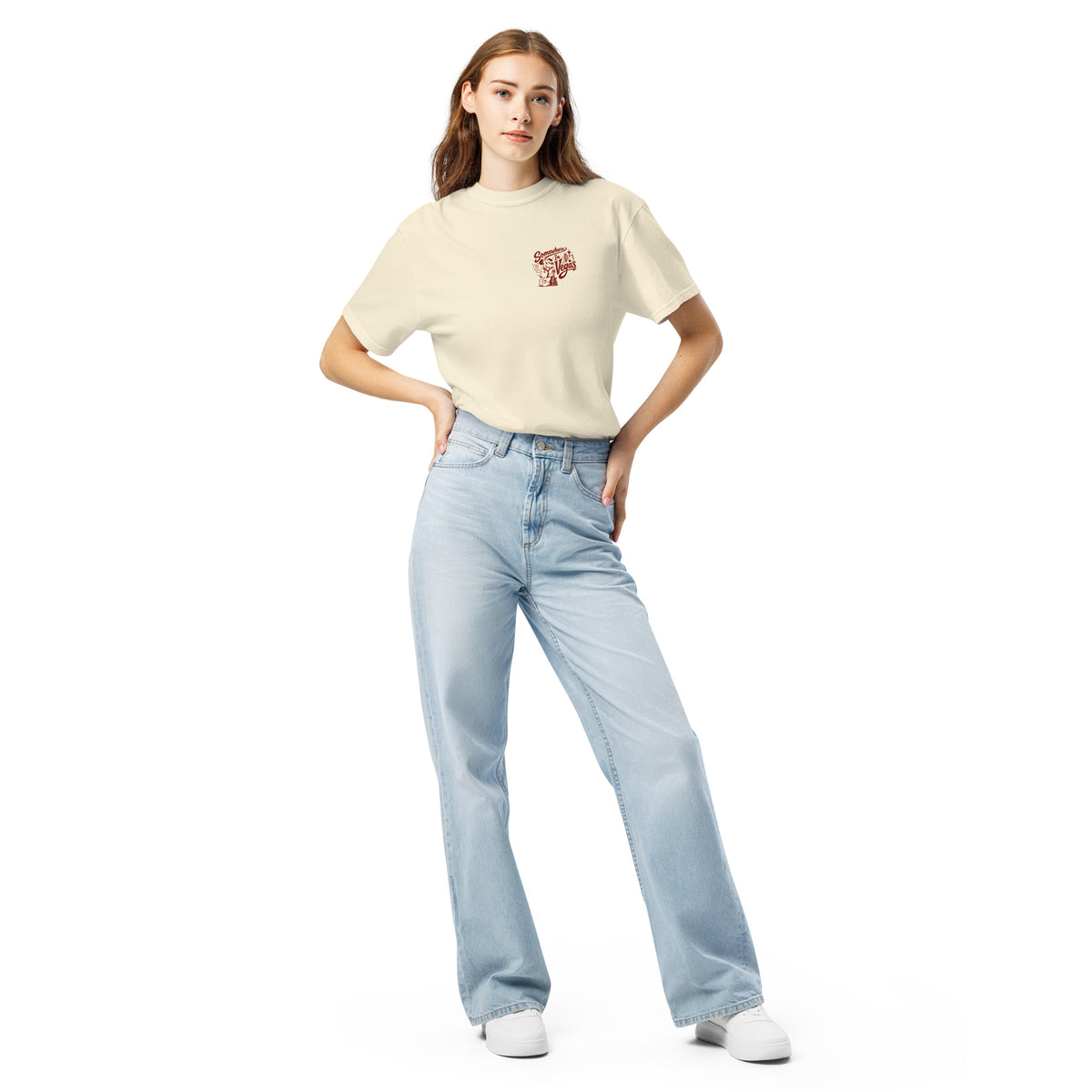 Somewhere In Vegas Lucky Brand T-Shirt in Ivory, front view, Lucky the dog Somewhere In Vegas logo