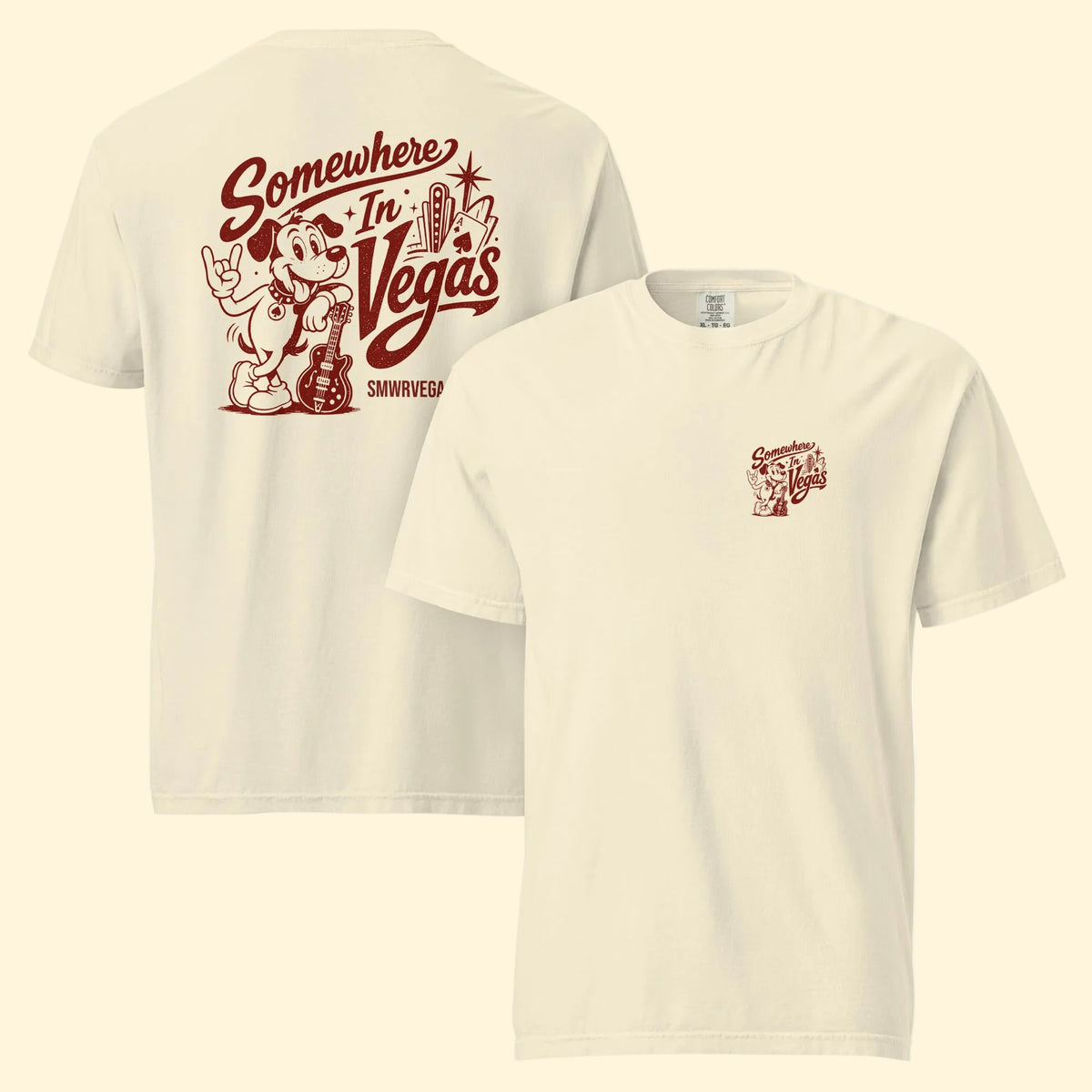 Somewhere In Vegas Lucky Brand T-Shirt in Ivory, front and back views, Lucky the dog Somewhere In Vegas logo