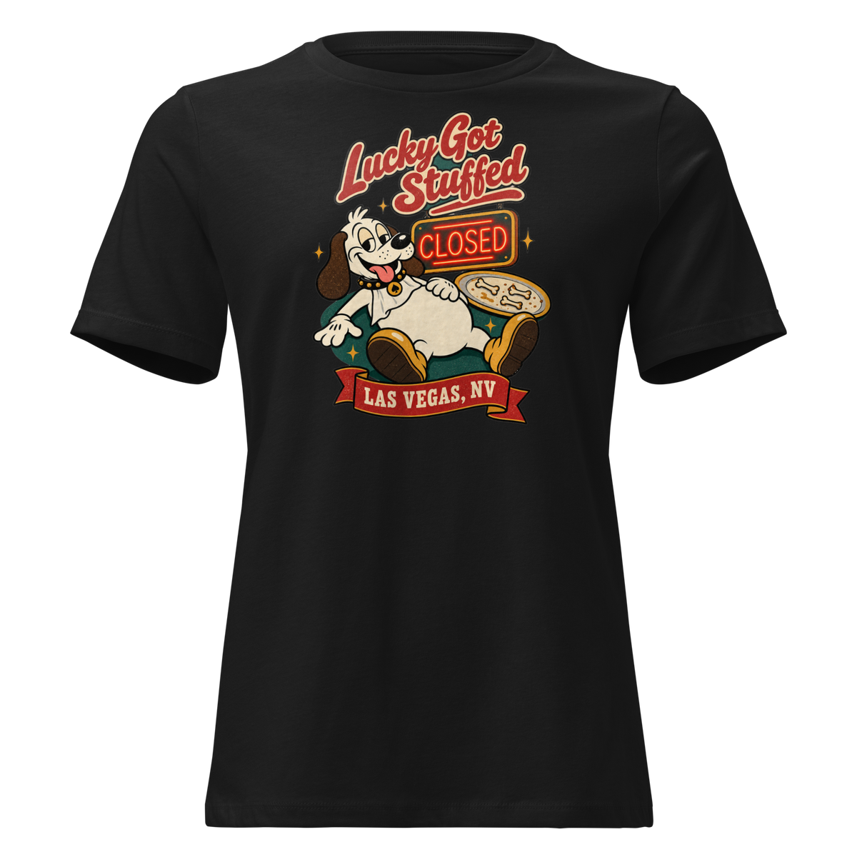 Lucky Got Stuffed Relaxed T-Shirt in Black, front view, Lucky the dog on his back with a full belly by an empty turkey platter and CLOSED neon