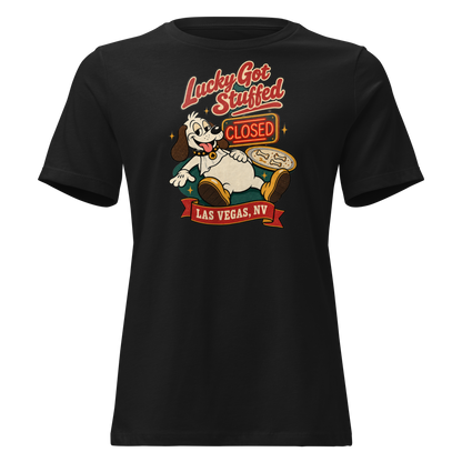Lucky Got Stuffed Relaxed T-Shirt in Black, front view, Lucky the dog on his back with a full belly by an empty turkey platter and CLOSED neon