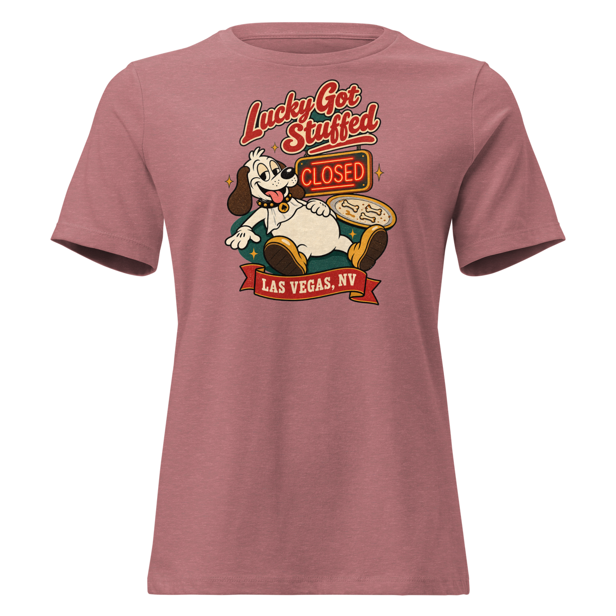 Lucky Got Stuffed Relaxed T-Shirt in Heather Mauve, front view, Lucky the dog on his back with a full belly by an empty turkey platter and CLOSED neon