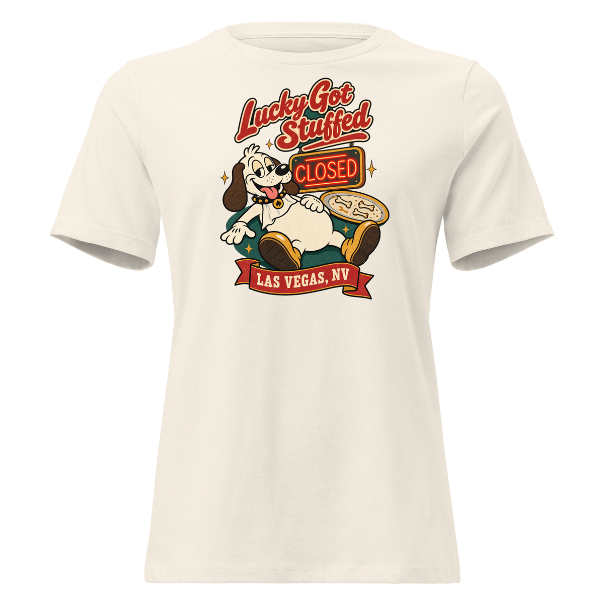 Lucky Got Stuffed Relaxed T-Shirt in Natural, front view, Lucky the dog on his back with a full belly by an empty turkey platter and CLOSED neon