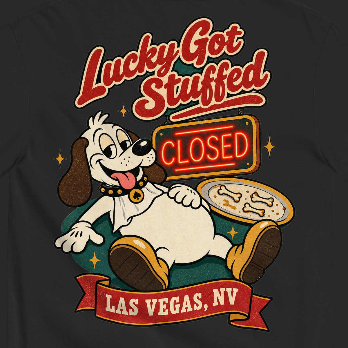 Lucky Got Stuffed T-Shirt in Black, close-up of the back print, Lucky the dog on his back with a full belly by an empty turkey platter and CLOSED neon