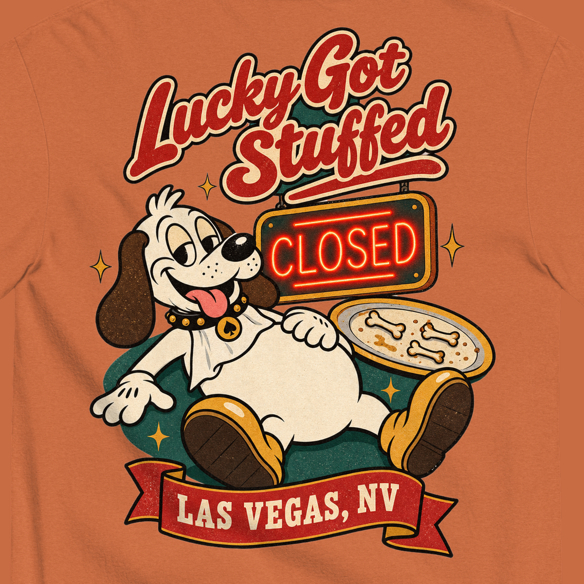 Lucky Got Stuffed T-Shirt in Yam, close-up of the back print, Lucky the dog on his back with a full belly by an empty turkey platter and CLOSED neon