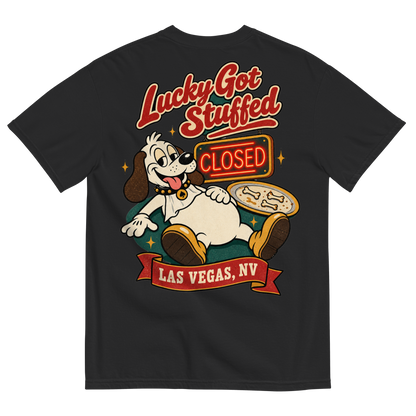 Lucky Got Stuffed T-Shirt in Black, back print, Lucky the dog on his back with a full belly by an empty turkey platter and CLOSED neon