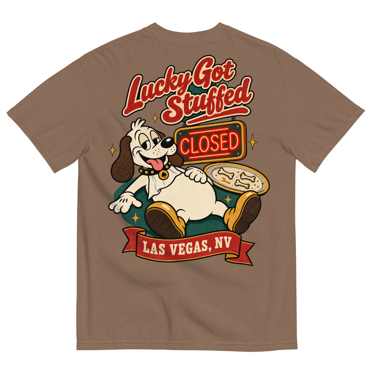 Lucky Got Stuffed T-Shirt in Espresso, back print, Lucky the dog on his back with a full belly by an empty turkey platter and CLOSED neon