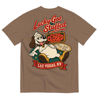 Lucky Got Stuffed T-Shirt in Espresso, back print, Lucky the dog on his back with a full belly by an empty turkey platter and CLOSED neon