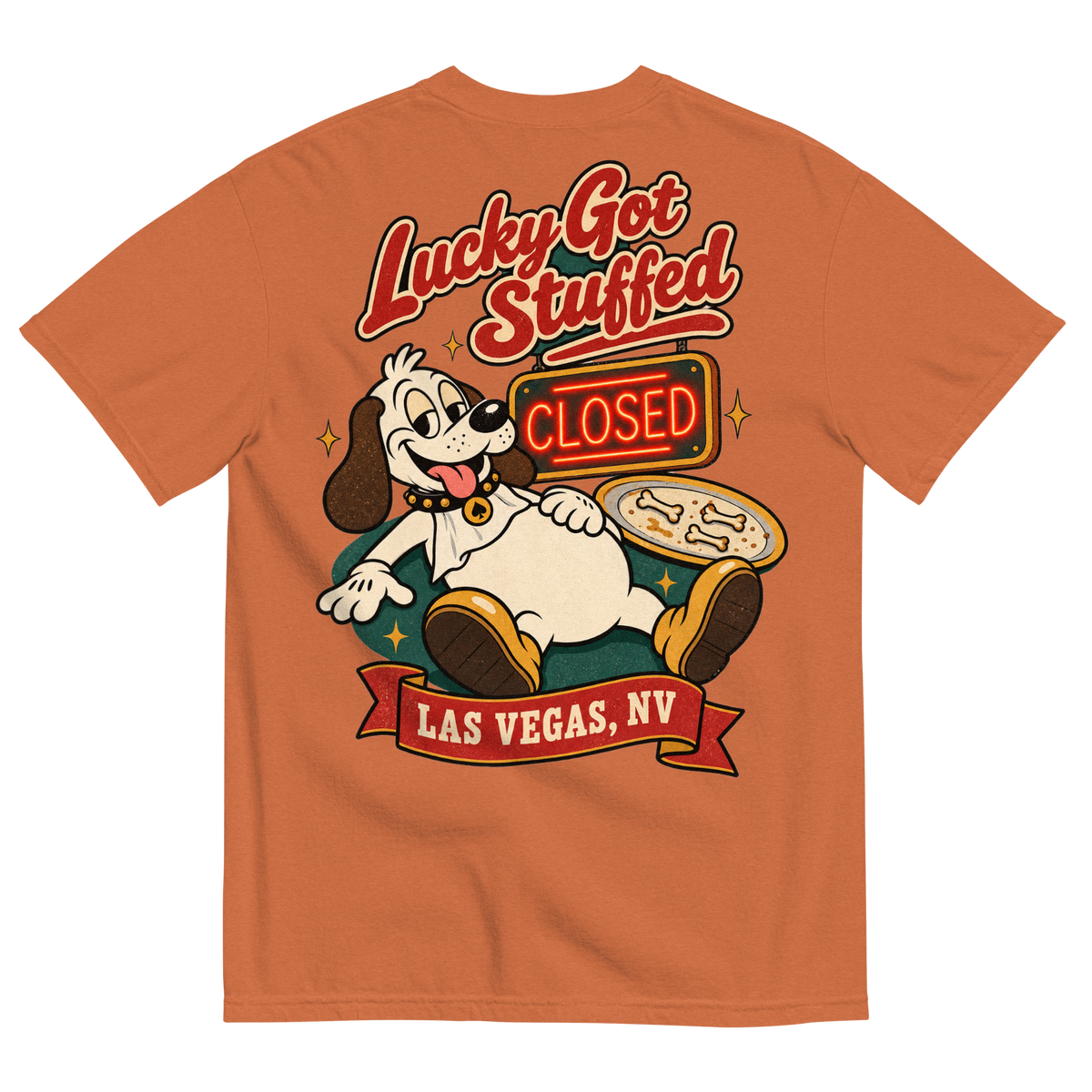Lucky Got Stuffed T-Shirt in Yam, back print, Lucky the dog on his back with a full belly by an empty turkey platter and CLOSED neon