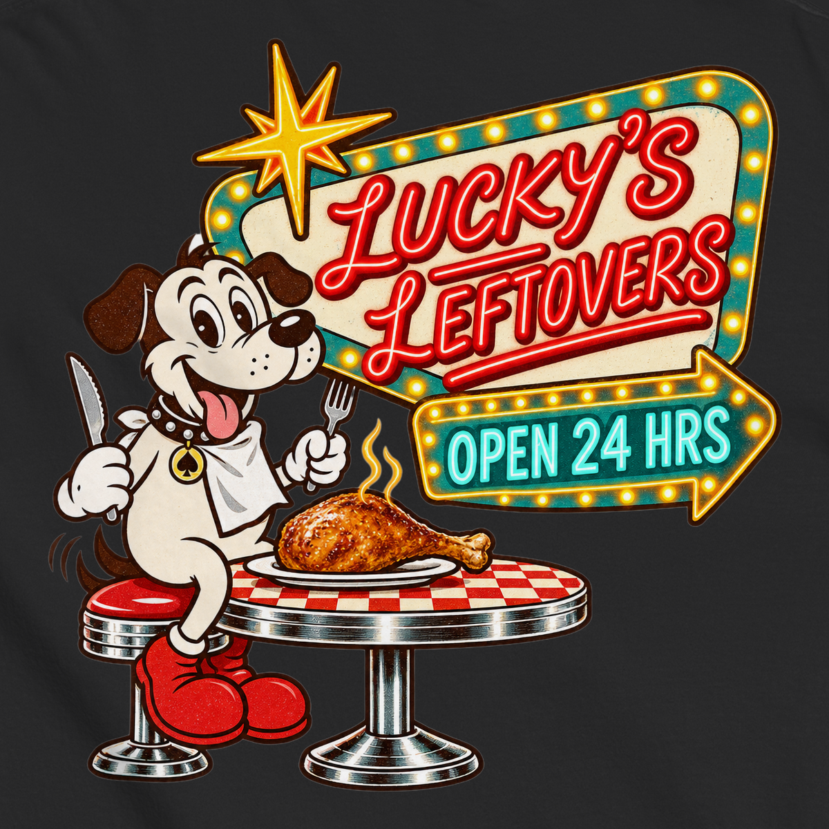 Lucky's Leftovers T-Shirt in Black, close-up of the back print, Lucky the cartoon dog in a bib with knife and fork eyeing a turkey leg at a retro diner