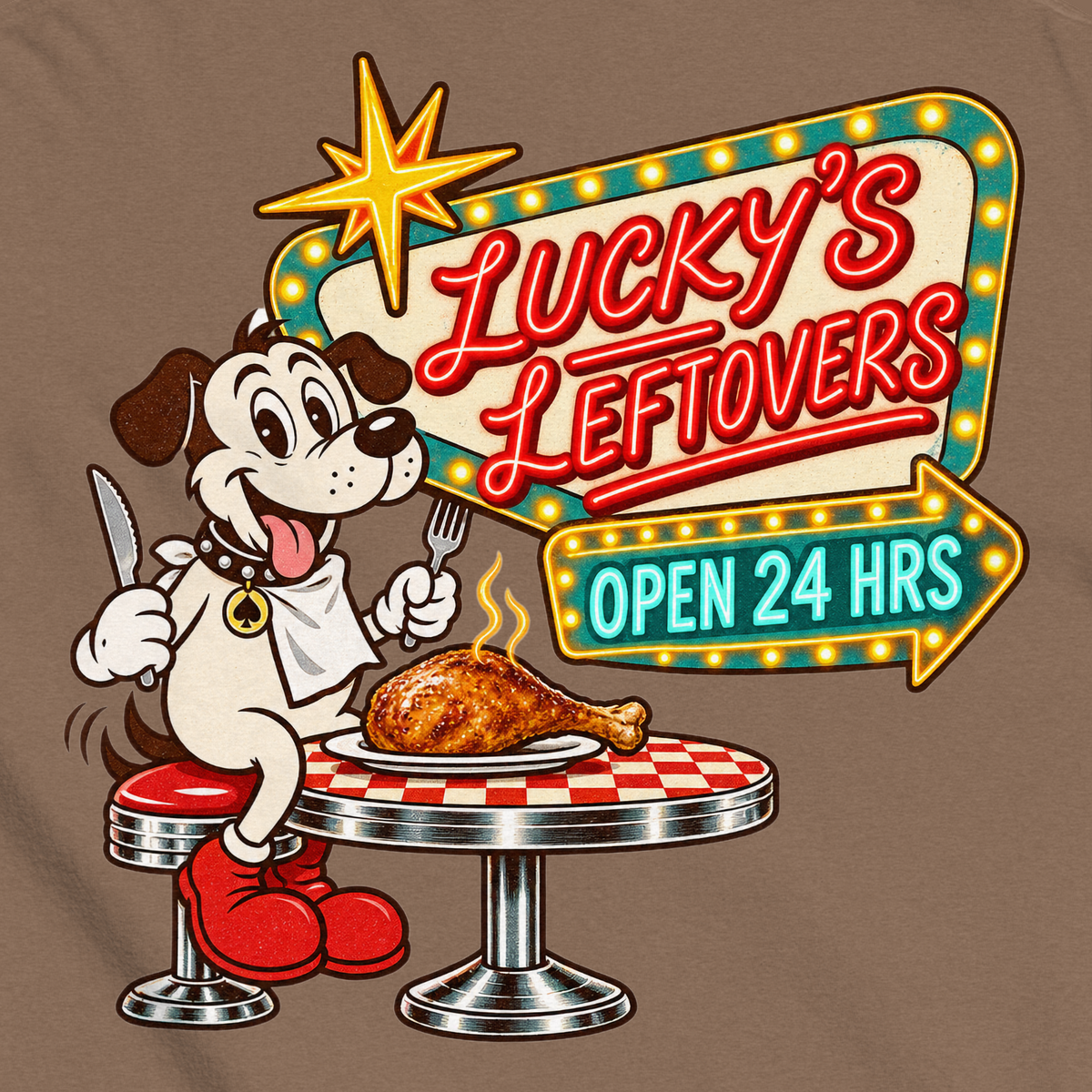 Lucky's Leftovers T-Shirt in Espresso, close-up of the back print, Lucky the cartoon dog in a bib with knife and fork eyeing a turkey leg at a retro diner