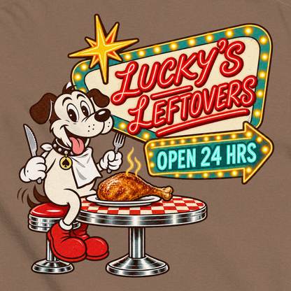 Lucky's Leftovers T-Shirt in Espresso, close-up of the back print, Lucky the cartoon dog in a bib with knife and fork eyeing a turkey leg at a retro diner